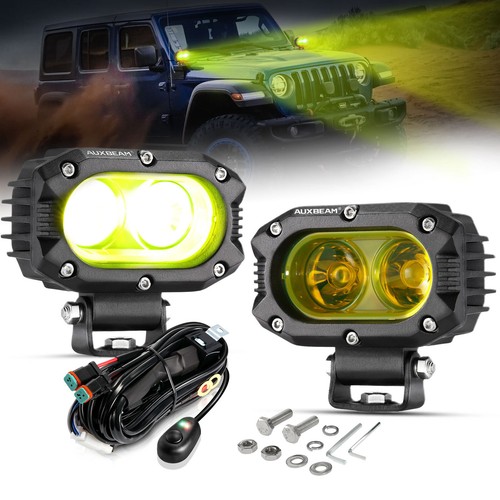 AUXBEAM 2Pcs 4" LED Pod Work Light Yellow Flood Driving Lamp For GMC Hummer Ram - Picture 2 of 12