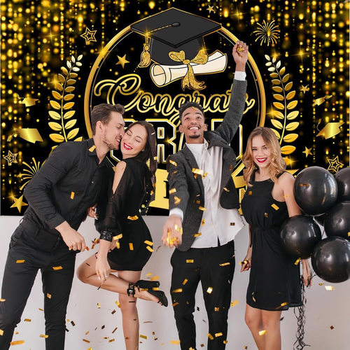 Congrats Grad 2025 Banner – Black Gold Graduation Backdrop Photo Decor 70x43 - Picture 4 of 10