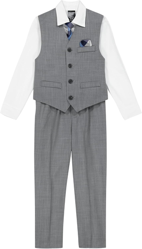 Boys 4 Piece Formal Suit Set, Vest, Pants, Collared Dress Shirt, and Tie