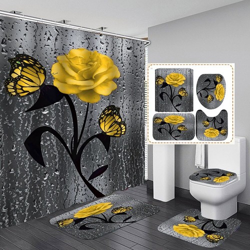 Bathroom Set Rose Flower Butterfly Shower Curtain Toilet Cover Bath Rug Door Mat - Picture 8 of 22