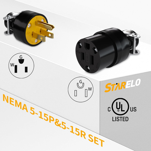 Electrical Replacement Plug & Connector Set Extension Cord Ends Black Shell 125V - Picture 3 of 12