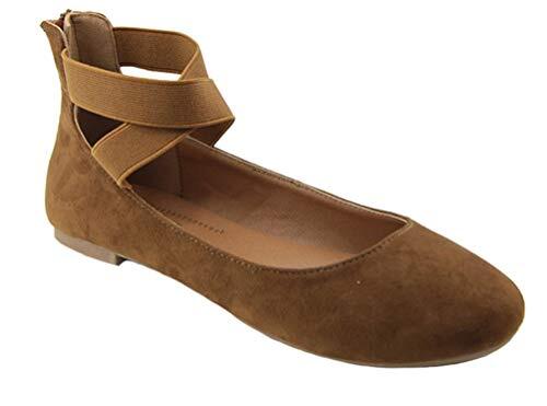 Bella Marie Dana-20 Whiskey Suede Classic Flats with Elastic Crossing Straps