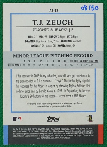 T.J. ZEUCH 2020 Topps Archives Snapshots Baseball BLUE AUTO #8/50 RC - Picture 4 of 4