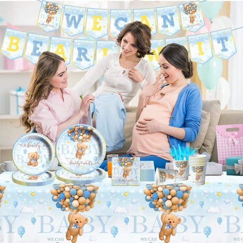 We can Bearly Wait Baby Shower Decorations-142pcs Bear Boy Tableware Set Incl... - Picture 2 of 6