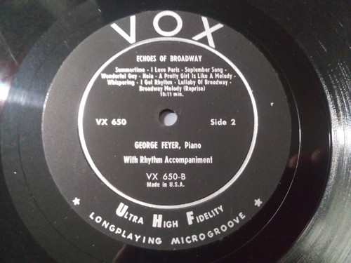 George Feyer – Echoes Of Broadway VG+ Original 10" DG Mono Vox VX650 Record 1954 - Imagen 4 de 4