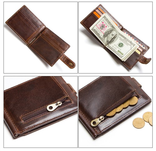 Men's Leather Slim Credit Card Holder Wallet Coin Pocket + Money Clip - Picture 7 of 10