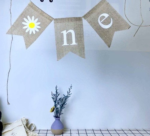 Jute Burlap Daisy Themed 1st Birthday Banner Spring Summer Birthday Party