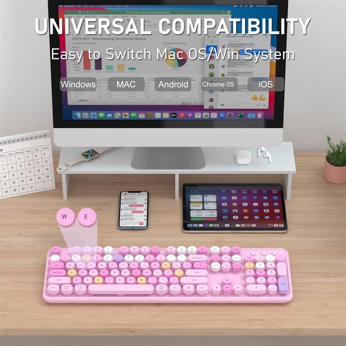 Wireless Bluetooth Keyboard 2.4G Multi-Device Retro Round Keycaps Pink - Picture 4 of 6