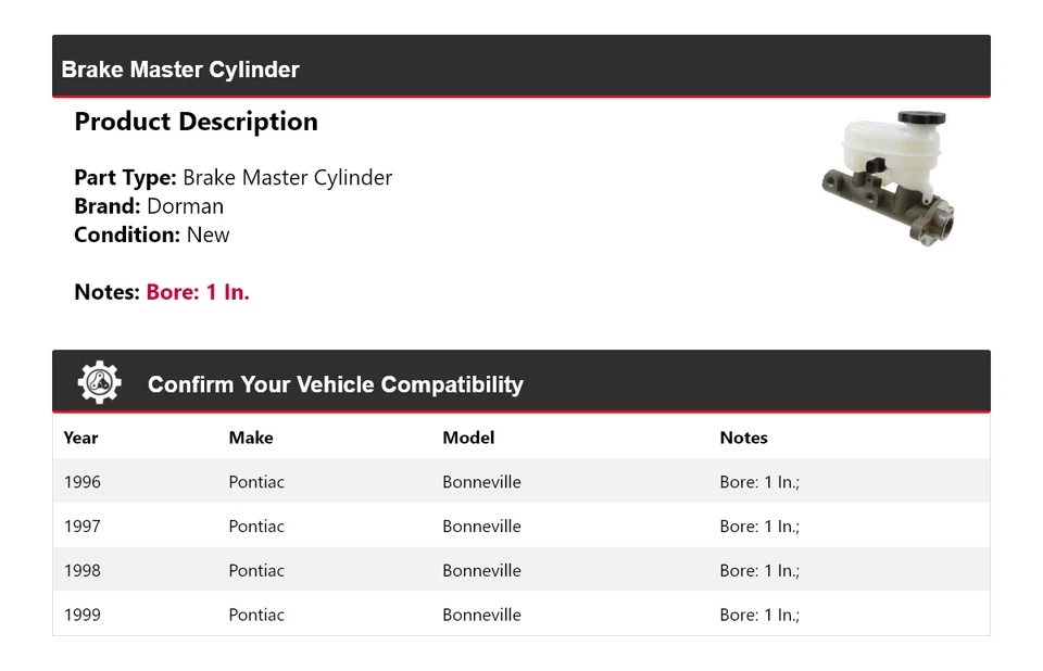 Cilindro maestro de freno para Pontiac Bonneville Dorman 1996-1999 1997 1998 Foto 2 de 4