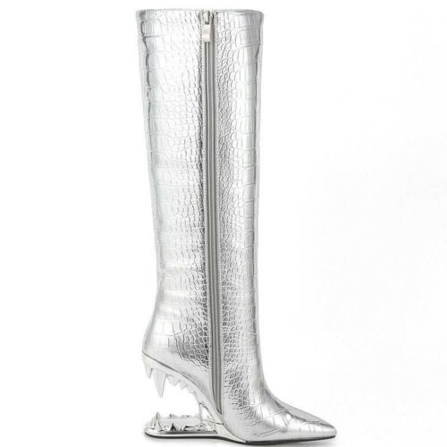 Ladies Edgy High Heel Boots with Shark Teeth Design Heel Pointed Toe Silver Boot - Picture 4 of 8