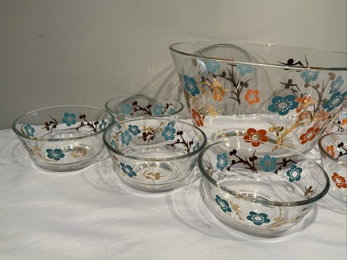 Vintage MCM Retro Floral Clear Glass Salad Bowl And 9 Serving Blue Orange Gold - Picture 2 of 11