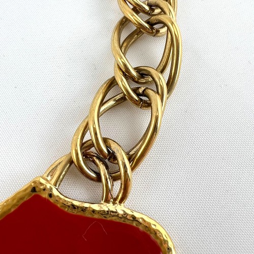 Vintage Monet Gold Tone Red-Orange Enamel Medallion Bib Chunky Necklace 1980s - Picture 5 of 10