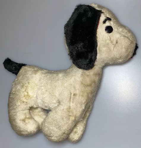Vtg White Plush Puppy Dog Stuffed Animal 12” Red Satin Black Ears - Picture 2 of 5