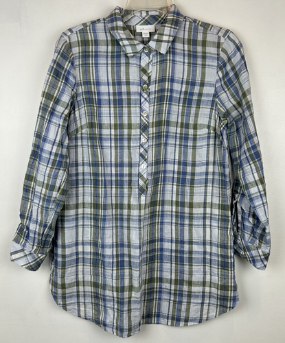 J Jill Love Linen Top S Blue Plaid 1/2 Button Tunic Blouse Pockets Casual Beach