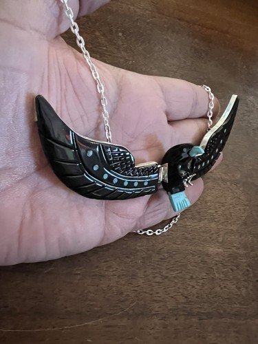 Collar Águila Voladora Navajo Nativa Turca y Ónix Ben Livingston XL 5 1/2" Zuni A - Imagen 2 de 24