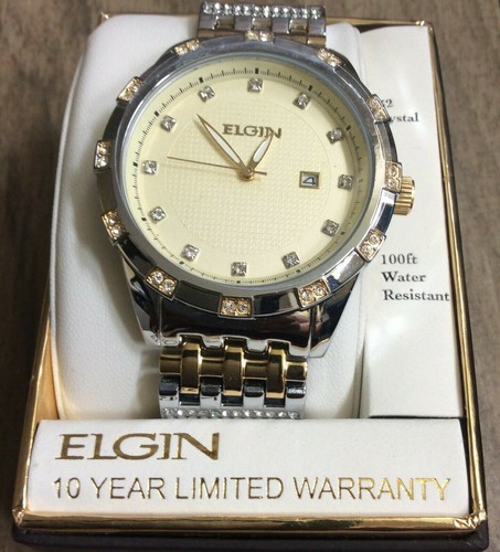 Elgin Men's Watch Round Gold Date Dial Crystal Hours Two Tone FG9100 New in Box! - Picture 2 of 2
