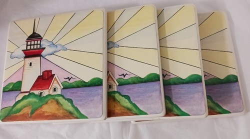 Coasters (4) Ceramic With Plastic Coated Lighthouse Picture Cork Backed Metal... - Picture 4 of 4