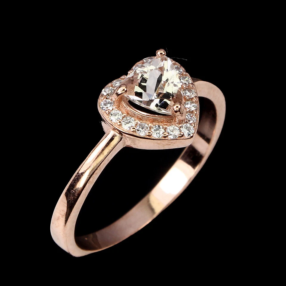 ANILLO CORAZÓN MELOCOTÓN MORGANITA CON DETALLES DE CIRCONITA CÚBICA BLANCA PLATA ESTERLINA .925 14K RGP TALLA 7 Foto 2 de 3