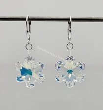 Handmade Sterling Silver Swarovski Crystal AB Snowflake Earrings; Leverback