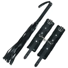 Black Bondage Kit with Flogger and Restraints – BDSM Adult Play Set