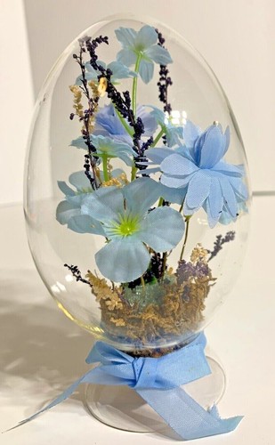 Vintage 1980's Glass Egg Silk Flower Diorama Blue and Brown with Ribbon - Picture 5 of 7