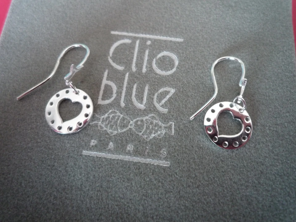 JOLIES BOUCLES CLOUS "CLIO BLUE ARGENT 925/MEDAILLE AJOUREE COEUR PENDANT/NEUF - Photo 1/1