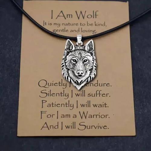 Men's Lone Wolf Vintage Silver Pendant Necklace with I Am Wolf card - Picture 3 of 4