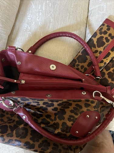 large leopard handbag purse With Wallet And Check Book Holder, Brown/black/red - Picture 5 of 10