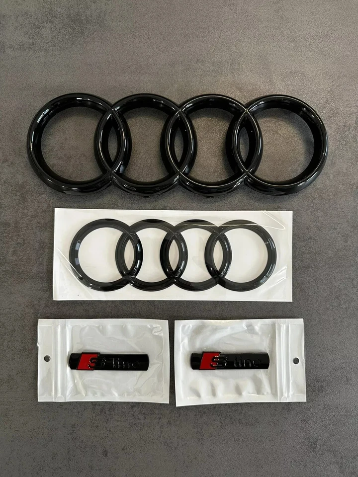 For Audi Rings Logo Emblems Sline Gloss Black Rear Front Side A4 (2012-18) - Image 2 of 4