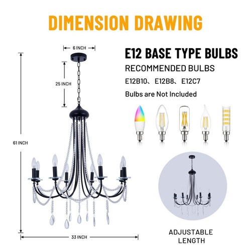 Black Empire Chandelier 33.5" Crystal Pendant Lamp Hanging Ceiling Light Fixture - Picture 7 of 13
