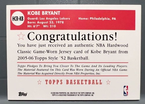 2005 Topps Hardwood Classics Kobe Bryant Los Angeles Lakers Patch #HCR-KB - Picture 2 of 24