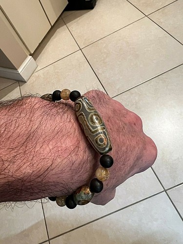  Nine And Three Eye Tibetan DZI Bead Bracelet With Rutilated Quartz & Moss Agate - Picture 5 of 9