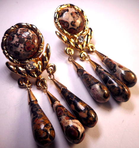 Goldtone Jasper Rhinestone Post Dangle Fancy Fashion Earrings 2" - Picture 2 of 10