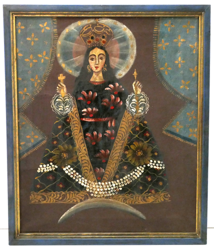Jungfrau Maria von Pomata Peru, Öl auf Leinen Volkstümliche Darstellung 45x38 cm - Imagen 1 de 8
