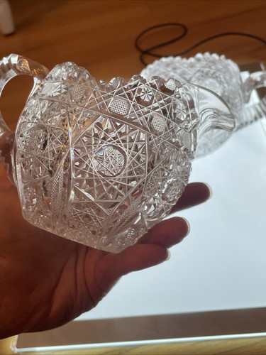 American Brilliant ABP EX Parsche geschliffenes Glas Propeller Zuckerdose Milchkännchen Riss - Bild 4 von 13