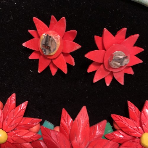 Vintage Hawaii geschnitzte Holz Blume Halskette & Ohrringe Set klobig detailliert - Bild 2 von 4