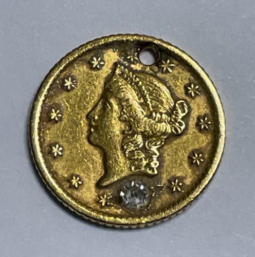 1853 US $1 Liberty Head Gold Coin, with Hole and Diamond, 1.7 grams, 90% Gold