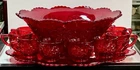 VINTAGE MOSSER GLASS RED DAISY & BUTTON PATTERN PUNCH BOWL SET 12 CUPS & LADLE