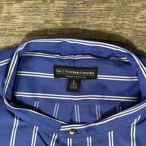 Vintage J Peterman Button Up Shirt Mens Large Banded Collarless Blue Stripe - Picture 3 of 7