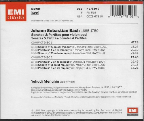 Bach Sonatas & Partitas Solo Violin Yehudi Menuhin EMI Classics 2 CD *LIKE NEW* - Picture 2 of 2