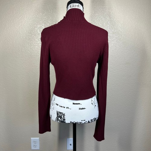Zara Burgundy Ribbed Knit Mock Neck crop knit mock button sweater size L - Picture 16 of 16