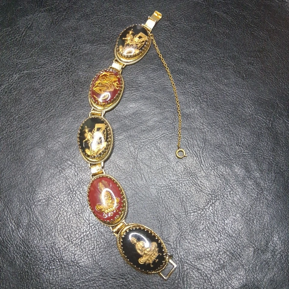 Brazalete de eslabones de diseño asiático de vidrio raro vintage WHITING & DAVIS tono dorado. 15.192 Foto 4 de 4