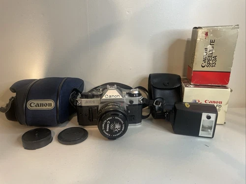 Vintage Canon AE-1 35mm Film Camera Lot W/ 50/1.8  Lens, Case And Flash Tested