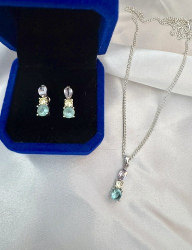 925 Sterling Silver Amethyst Peridot Blue Topaz Pendant Necklace & Earrings Set