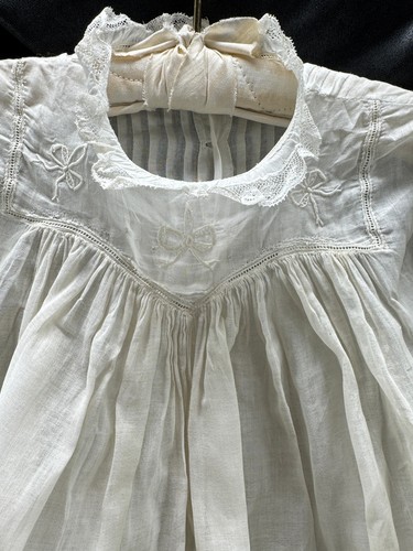linen Antique White chistening child Dress Pin Tuck Handmade Lace embroidery - Picture 2 of 13