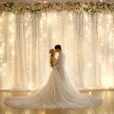 10X10Ft Ivory Chiffon Backdrop Curtain with Lights String for Wedding Parites, S