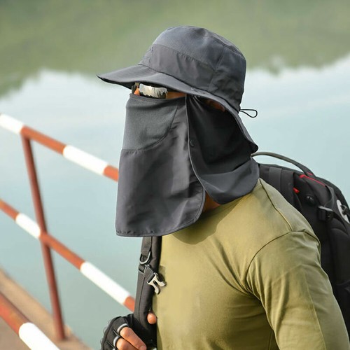 UPF50+ Fishing Bucket Hat Wide Brim & Detachable Neck Flap for Hiking Travel - Picture 22 of 23