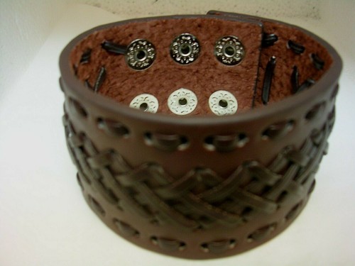 LEATHER BROWN BRACELET WITH DOUBLE BRAIDS 3 STAINLESS STEEL LOCKS FITS 3 SIZES - Picture 8 of 9