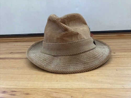 Vintage Bee Hats Custom Made Tan Brown Corduroy Fedora with Feather Men Size S/M - Picture 6 of 12