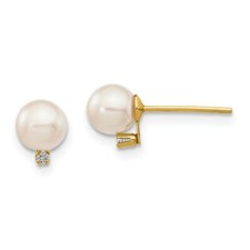 Real 14kt 5-6mm White Round Saltwater Akoya Cultured Pearl Diamond Post Earrings
